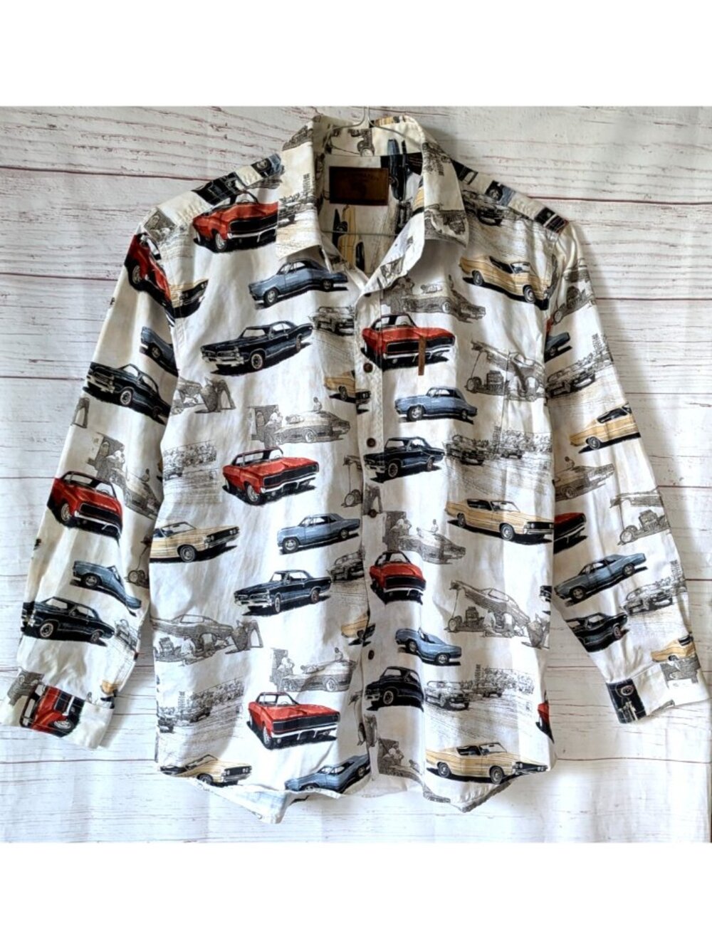 Clearwater Outfitters Retro Cars Men Shirt Beige Button Up Long Sleeves Size XL